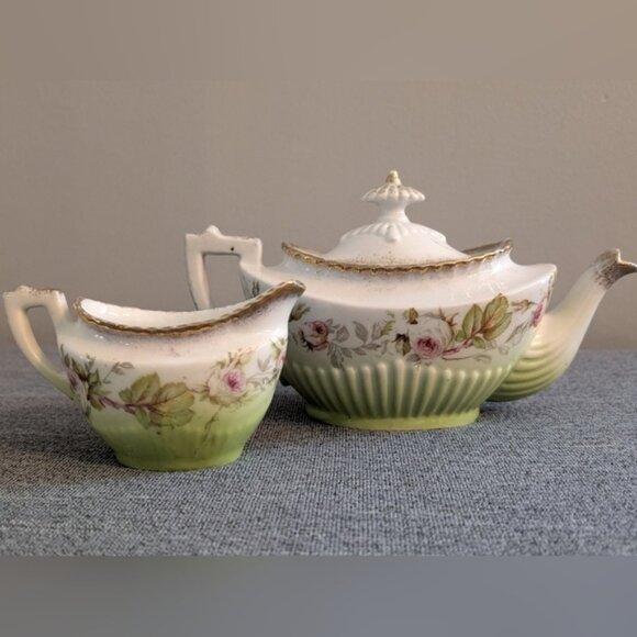 Other - Antique Teapot and Creamer, Green/White with Gold Trim, Pink/Red Rose Pattern